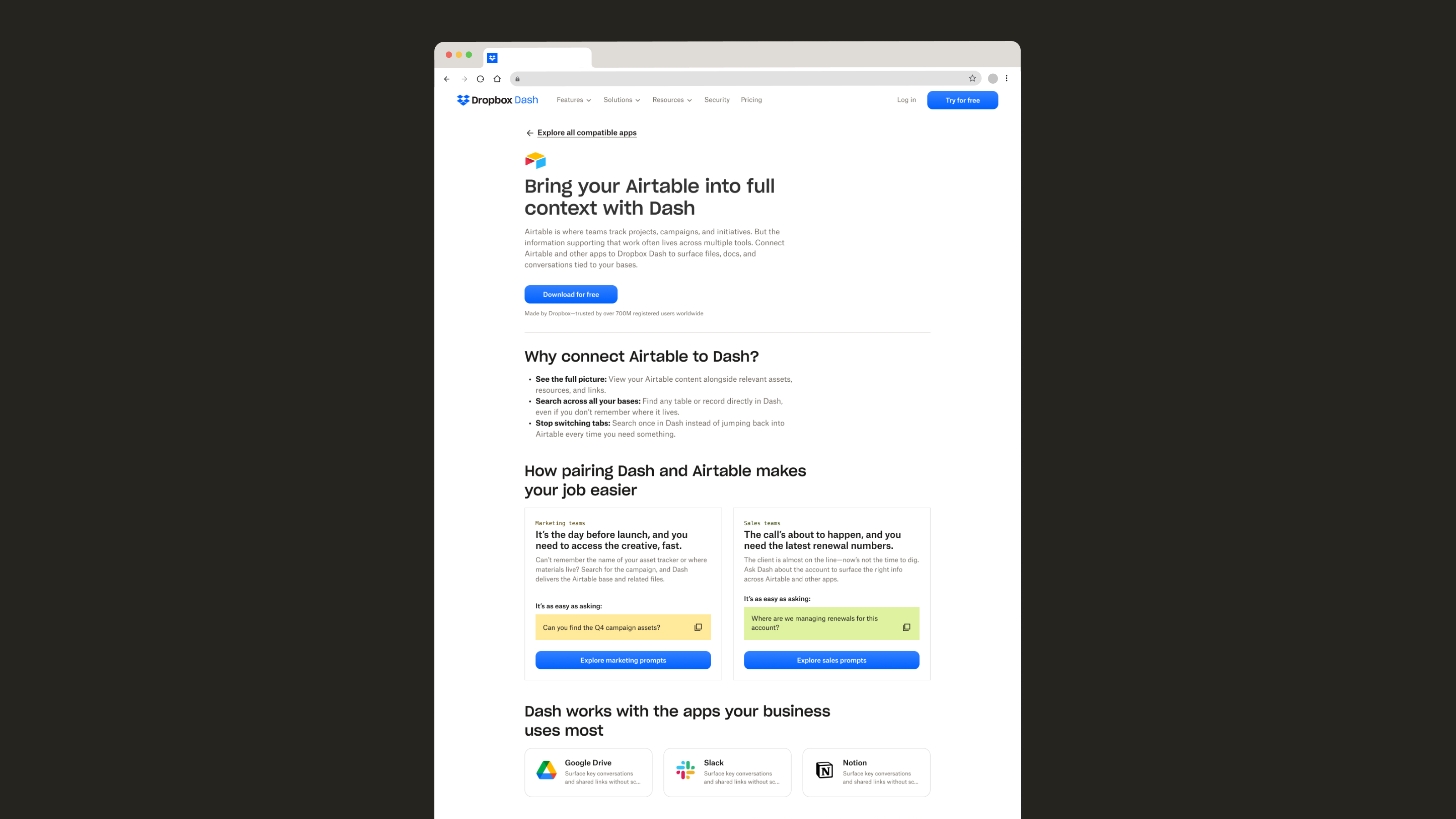 Dropbox Dash Airtable integration page concept